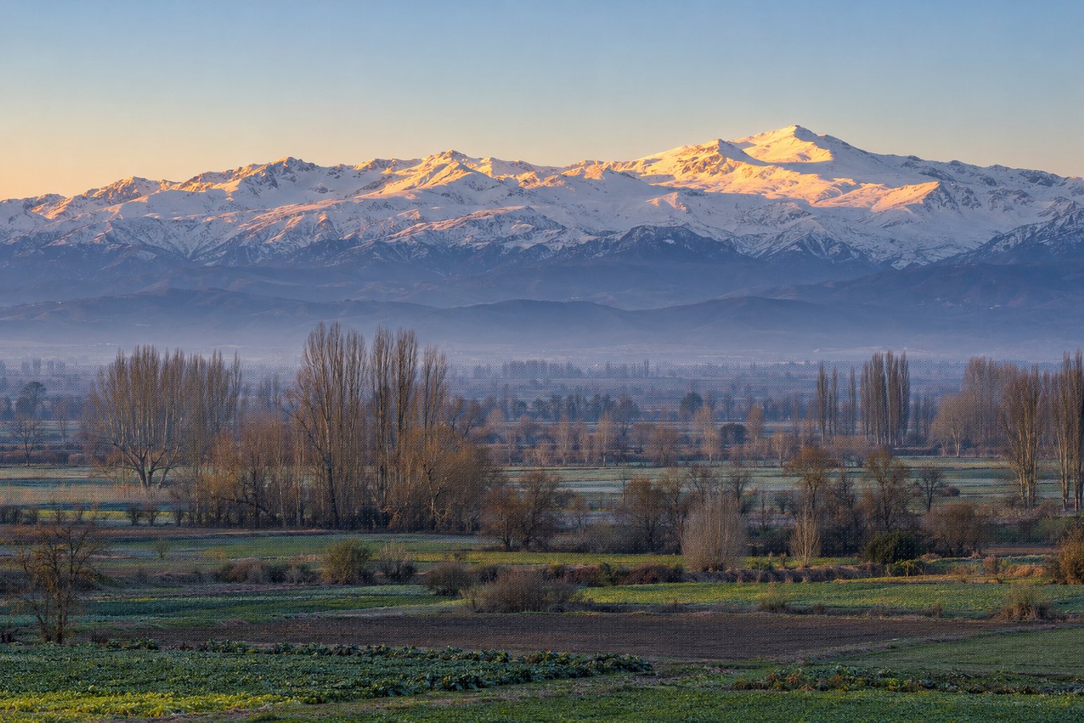 La Vega de Granada en invierno, con choperas y campos verdes, y Sierra Nevada nevada al fondo iluminada por el primer sol de la mañana (imagen ilustrativa)