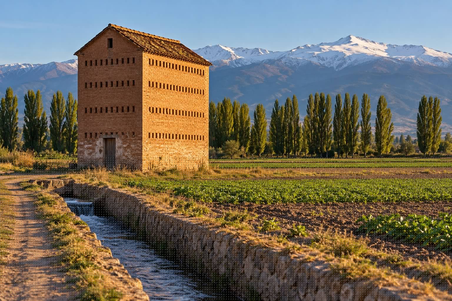 Secadero de tabaco de ladrillo junto a una acequia en la Vega de Granada, con chopos y Sierra Nevada al fondo
