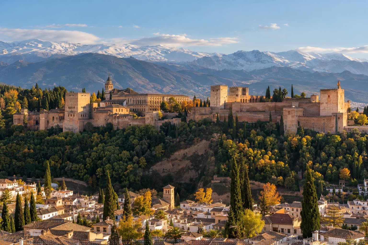 La Alhambra sobre su colina, vista de lejos, con los tejados de Granada a sus pies y Sierra Nevada detrás en una mañana de otoño (imagen ilustrativa)
