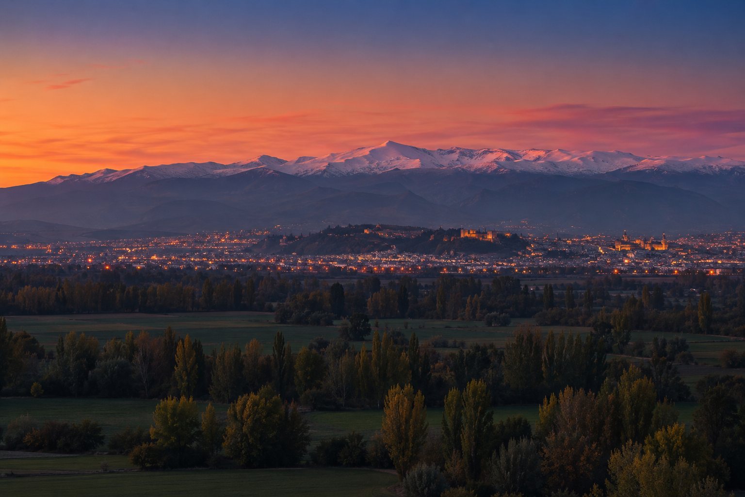Atardecer sobre la Vega de Granada, con las luces de la ciudad encendiéndose y Sierra Nevada teñida de rosa al fondo.